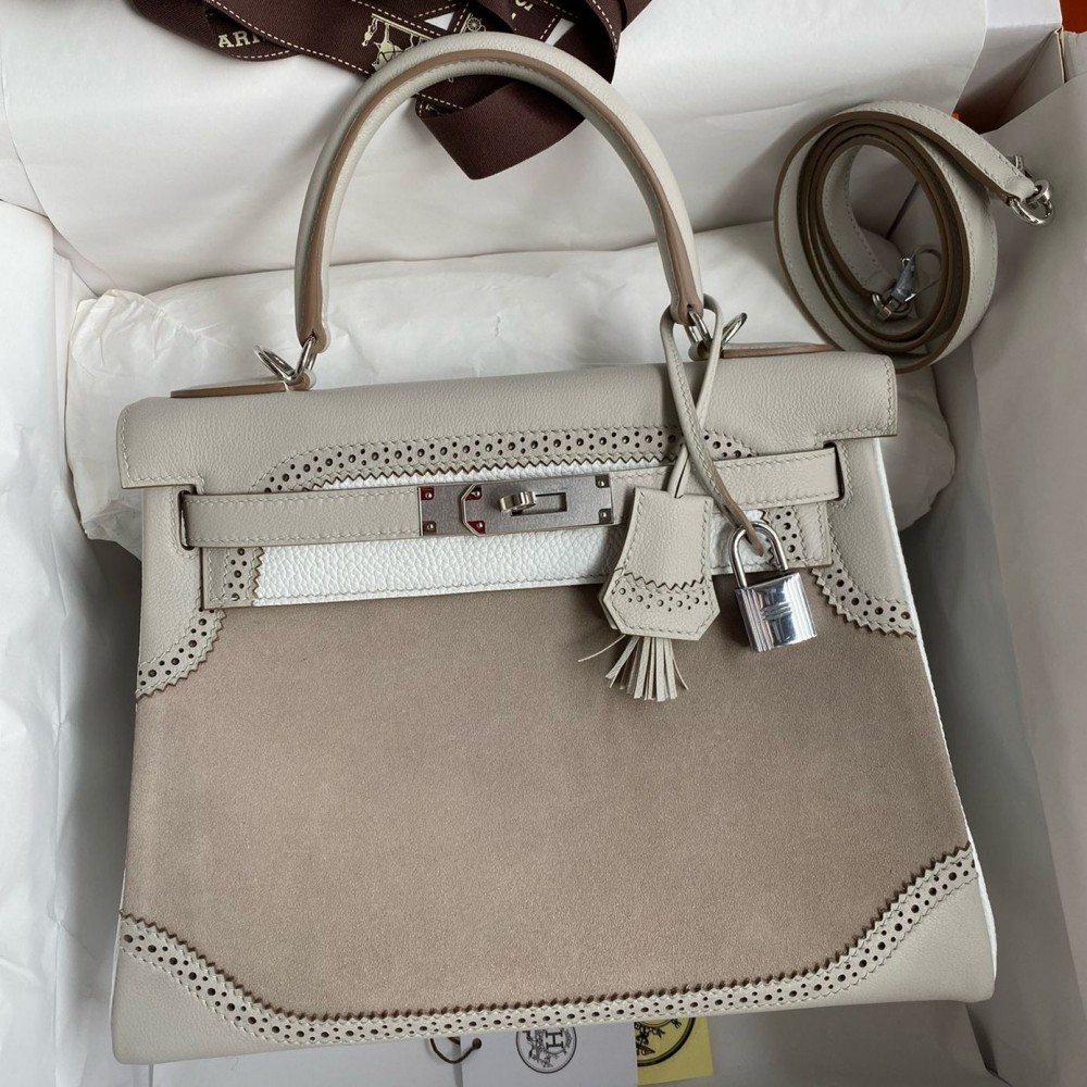 High Quality Replica Hermes Kelly 28 Ghillies Grizzly Bag in Pearl Grey Evercolor and Grey Veau Doblis $ 1489 USD