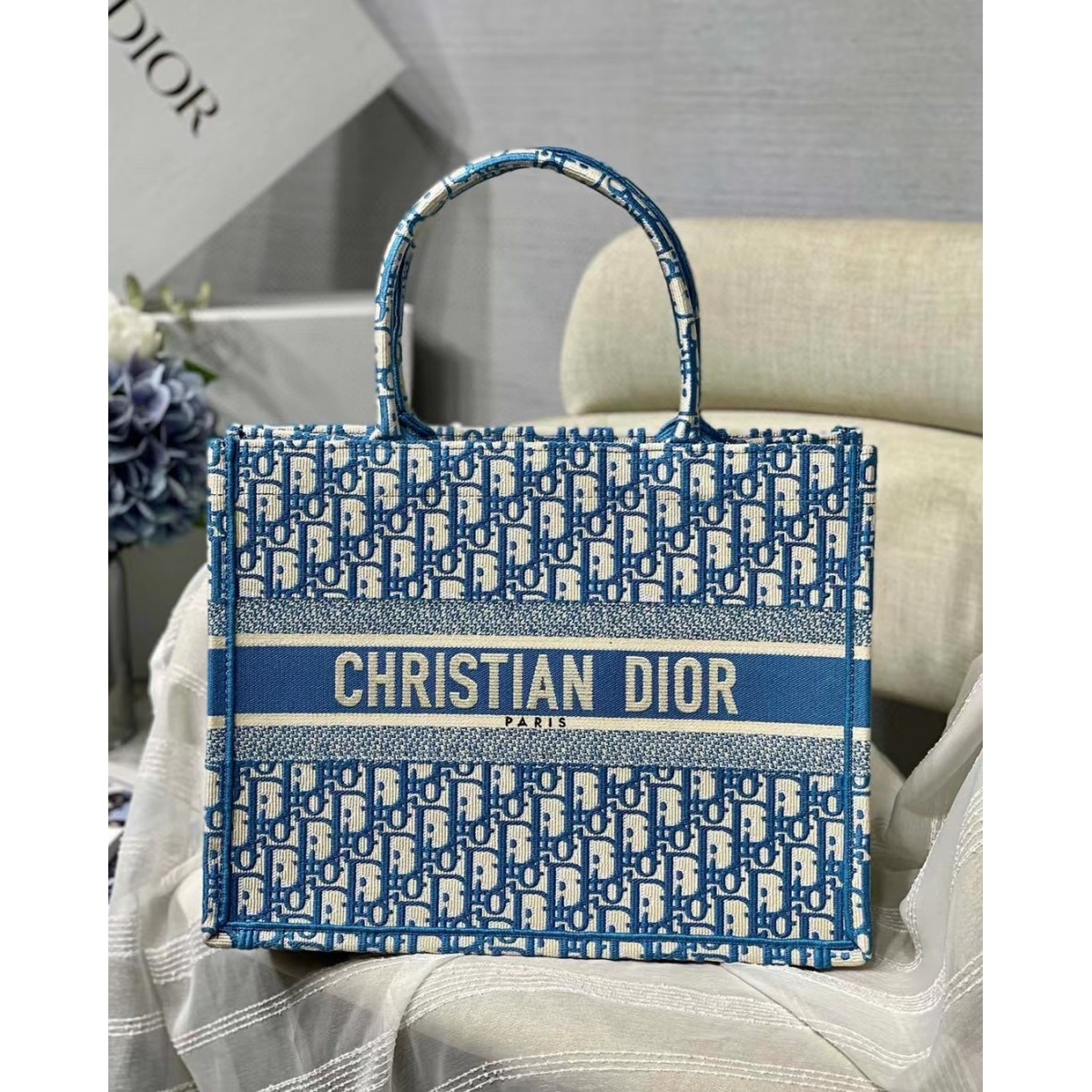Dior Small Book Tote In Cornflower Blue Dior Oblique Embroidery High Quality Replica